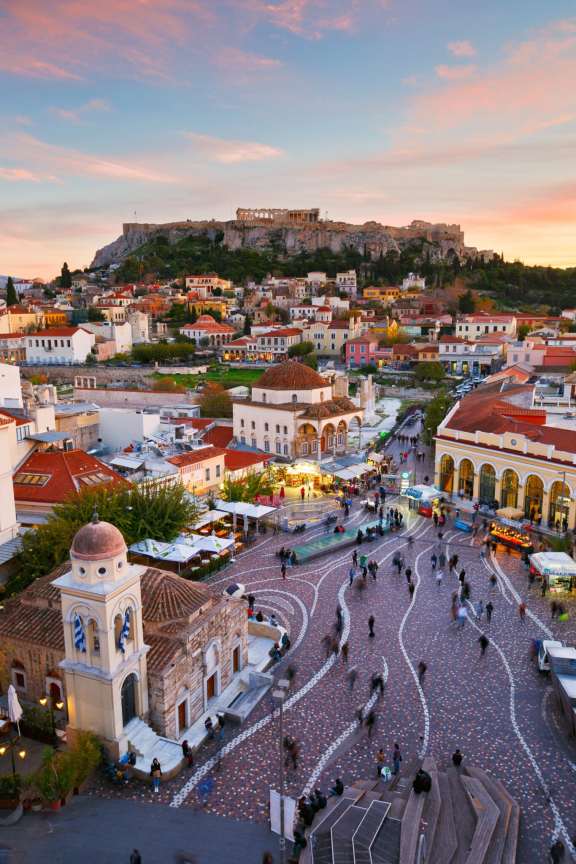 View of Acropolis from a roof-top coffee shop in Monastiraki square, Athens.