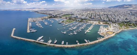 Panoramic aerial view of the Alimos marina at South Athens, Greece, with moored luxury yachts and sailboats
