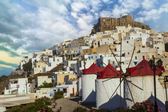 Traditional Greece - beautiful Chora village with windmills. Astypalea island, Dodecanese