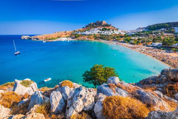 Rhodes, Greece. Lindos small whitewashed village and the Acropolis, scenery of Rhodos Island in the Aegean Sea.