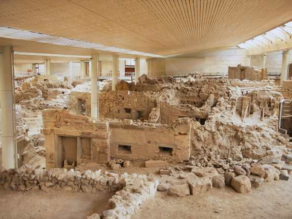 Ruins of the ancient buildings from the Minoan Bronze Age at the archaeological site in Akrotiri, Greece.