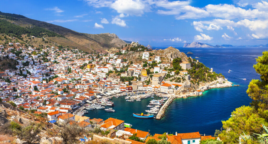 Aerial view of Hydra town and its harbor in the Saronic Islands, Greece