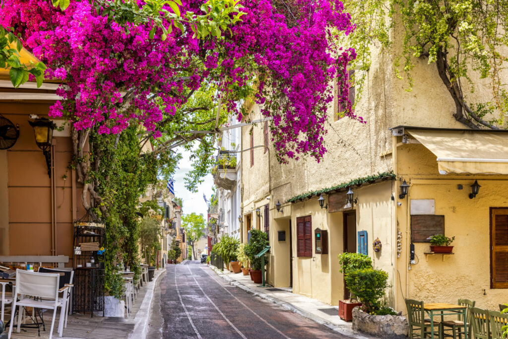 Beautiful view to the little streets of the old town Plaka of Athens, Greece
