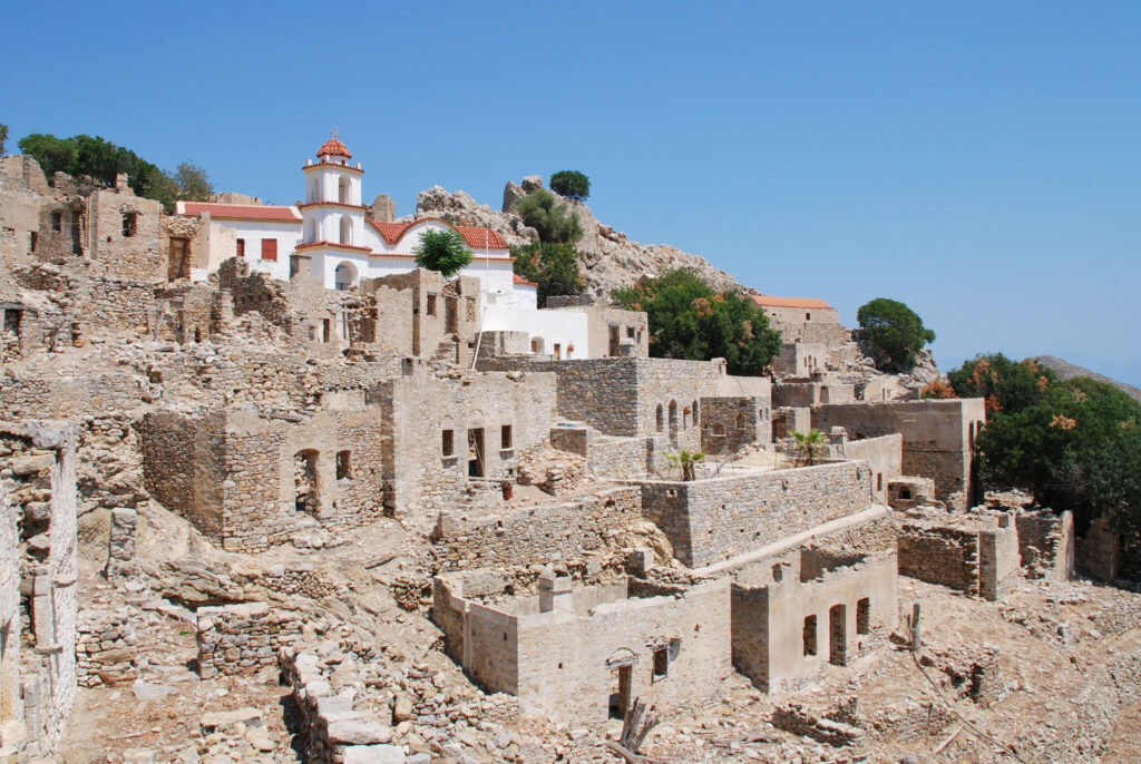 The ruins of the abandoned village of Mikro Chorio on the Greek island of Tilos.