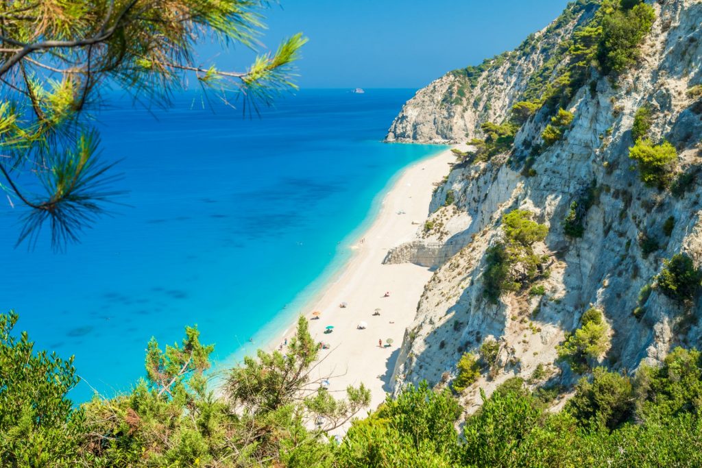 Egremni beach on Lefkada seen from above, white sand below tall cliffs, Ionian Islands