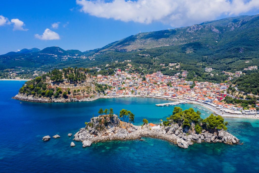 Parga and its castle headland on the Ionian coast of Greece, seen from the air