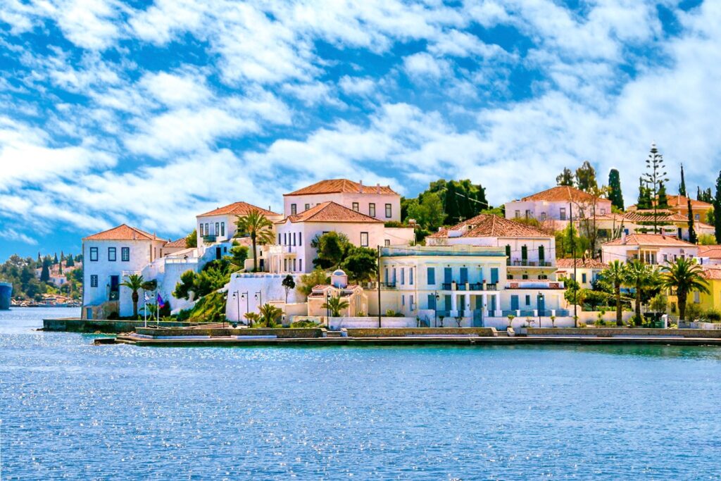 Colorful houses on Spetses waterfront in the Saronic Islands, Greece