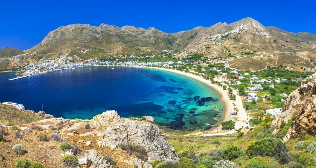 Serifos bay and the white Chora on the hill above it, Cyclades, Greece