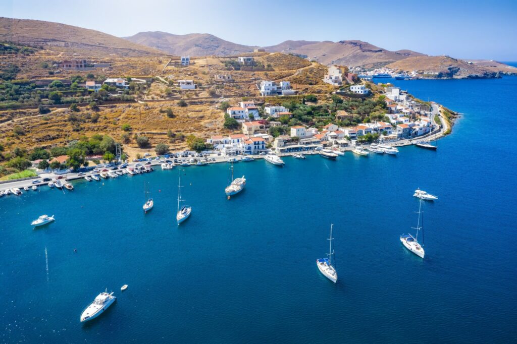 Panoramic view of the small village and sailors marina of Vourkari on the island of Kea Tzia, Cyclades, Greece-min.