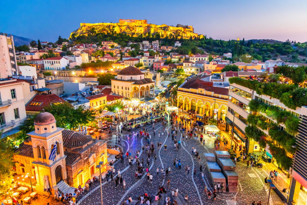 Athens, Greece - Monastiraki Square and Acropolis.