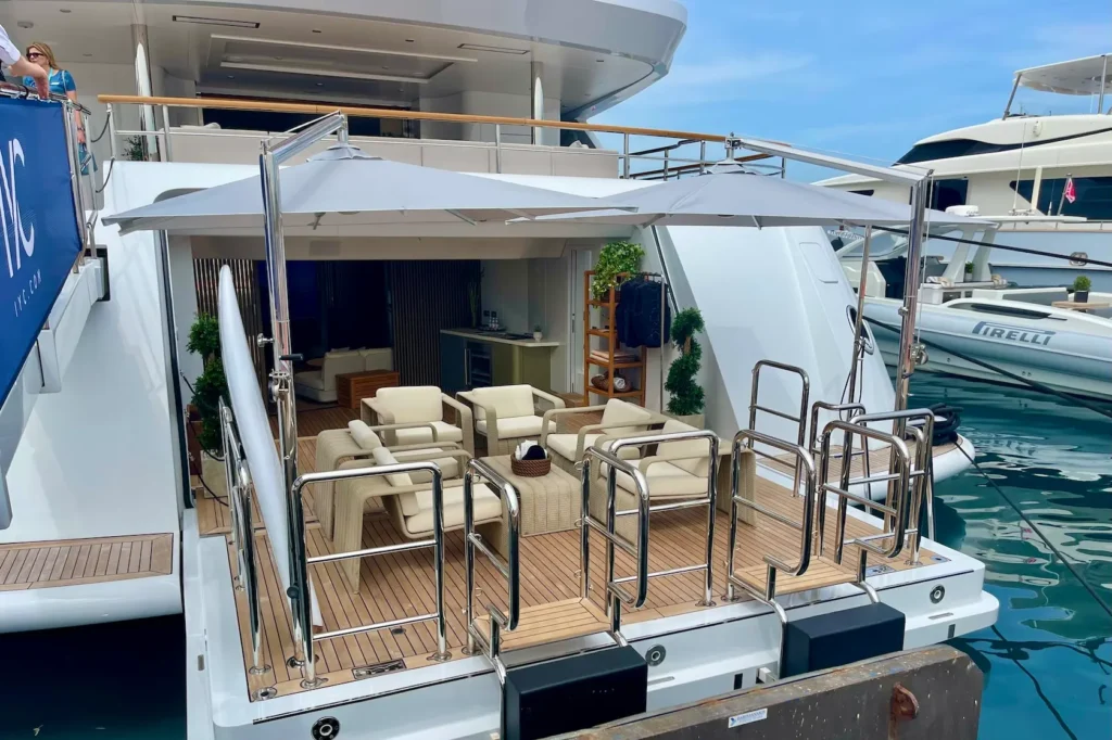 The fold-down balcony off the beach club on superyacht ARTISAN, May 2025.