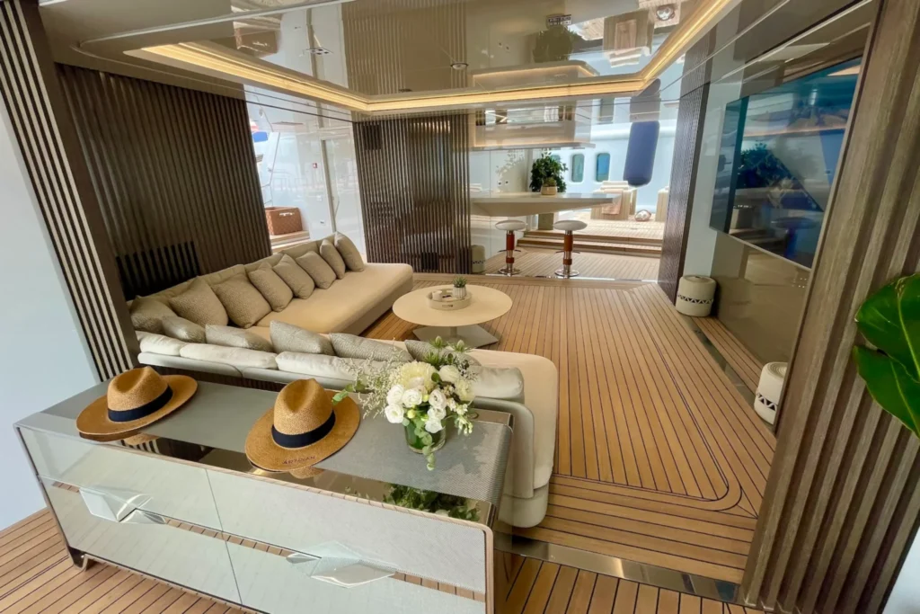 The beach club lounge on superyacht ARTISAN, May 2025.