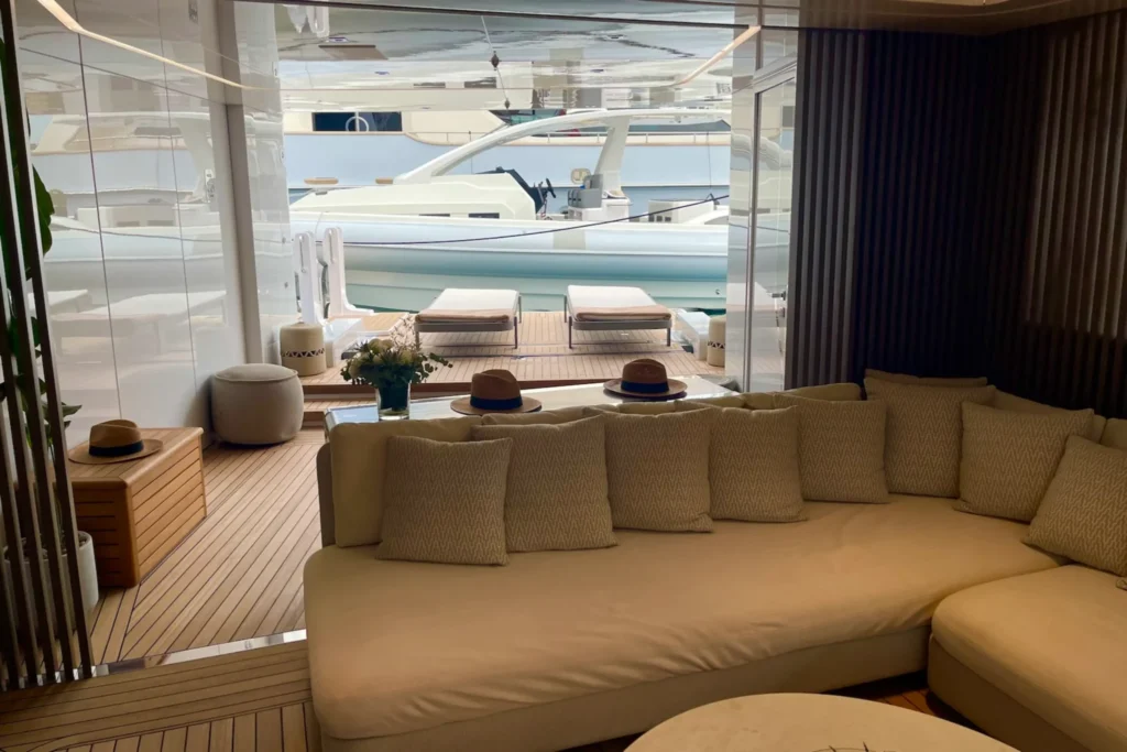 Sunbeds in the beach club of superyacht ARTISAN, May 2025.