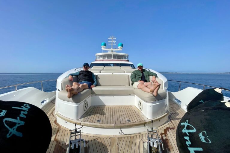 John and Peter on the fordeck of motor yacht ANKA as we cruise through the Greek Islands