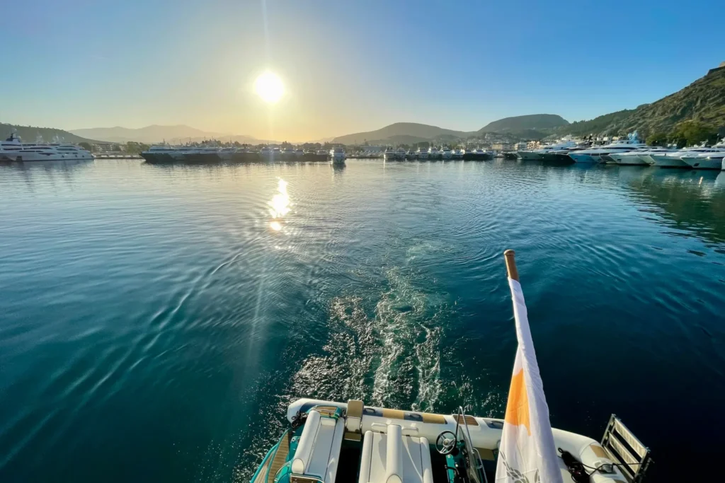 Leaving Nafplion harbor at sunrise from the aft deck of motor yacht ANKA