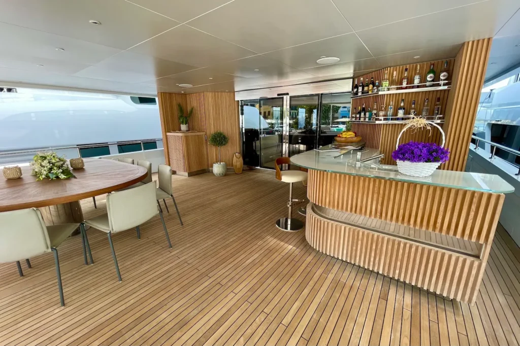 The upper deck bar on superyacht MY EDEN, May 2025.