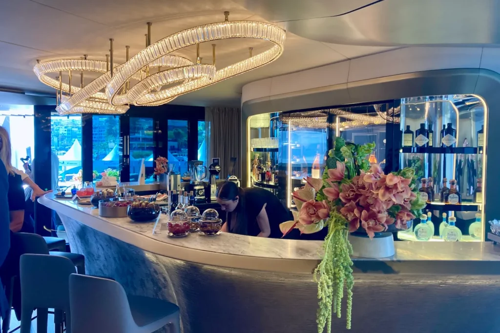 The bar on superyacht THIS IS IT at the MYBA Charter Show, Sanremo, May 2025.