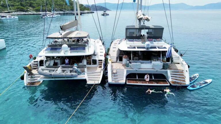 2 catamarans rafted up to each other on anchor for Tandem charter