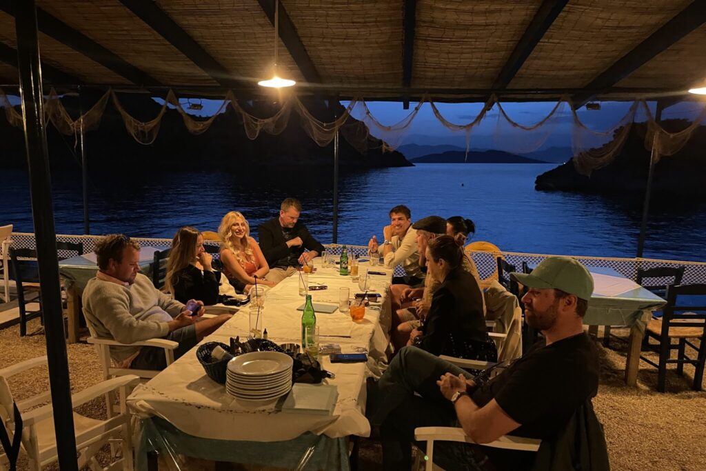 Evening drinks at the Aponissos beach bar on Agistri, May 2025