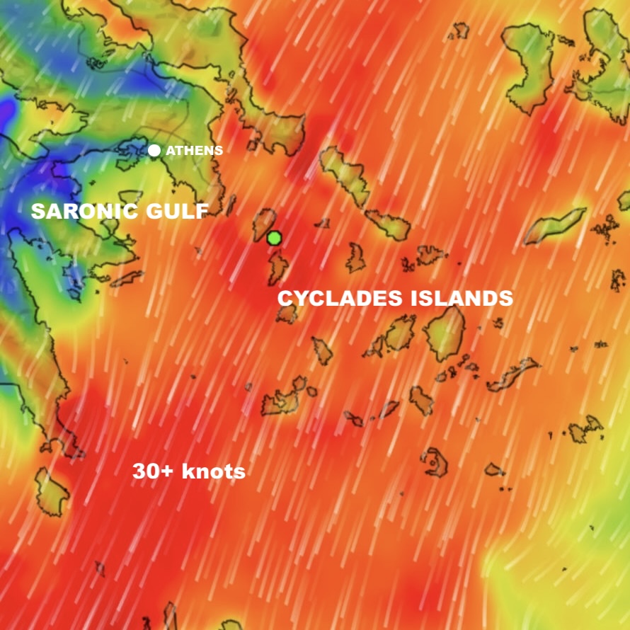 Weather map showing Meltemi winds above 30 knots across the Cyclades Islands.