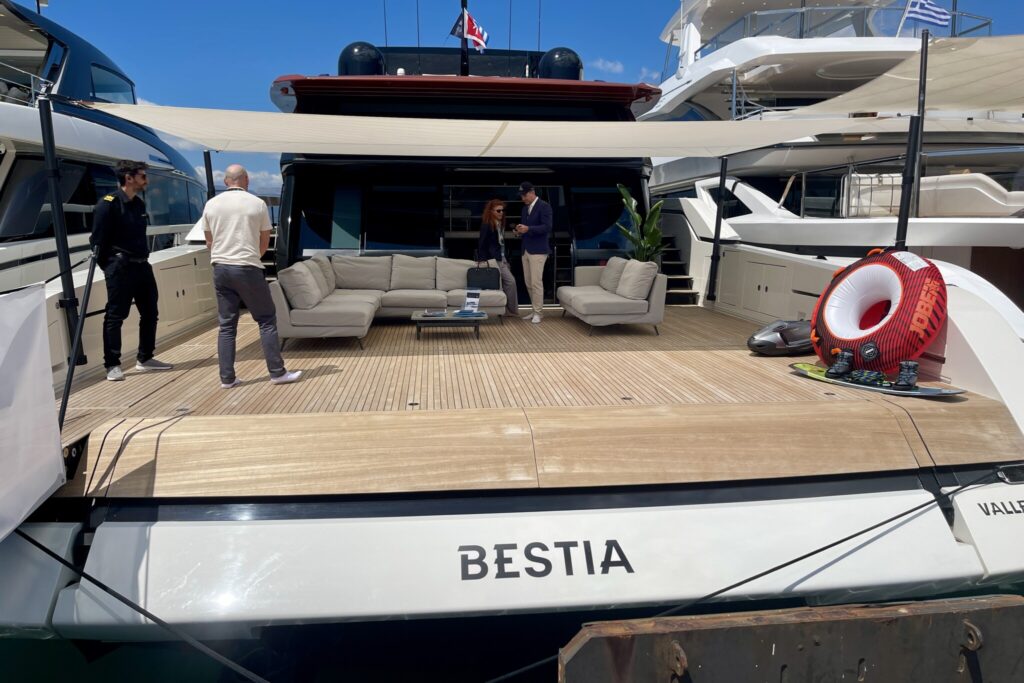 Brokers on the aft deck of motor yacht BESTIA at the MEDYS yacht show in Nafplio