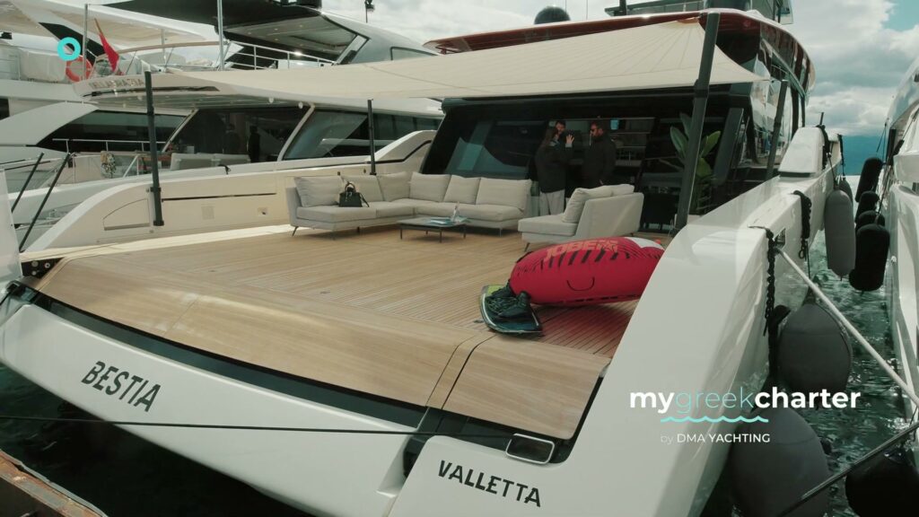 The aft deck and lounge of motor yacht BESTIA, a 2024 Sanlorenzo