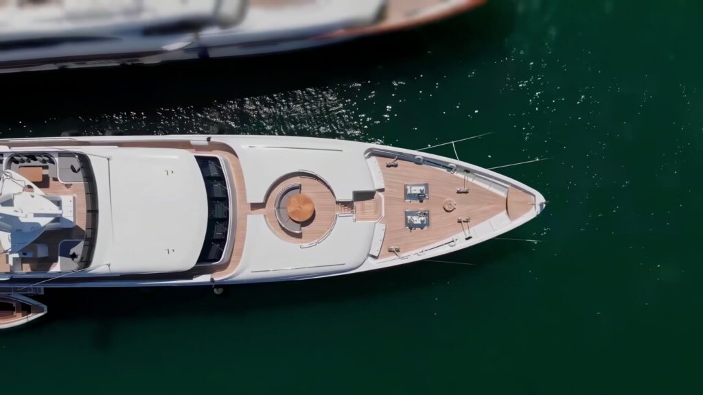 The bow and foredeck of the 164 ft Codecasa motor yacht INVADER from above