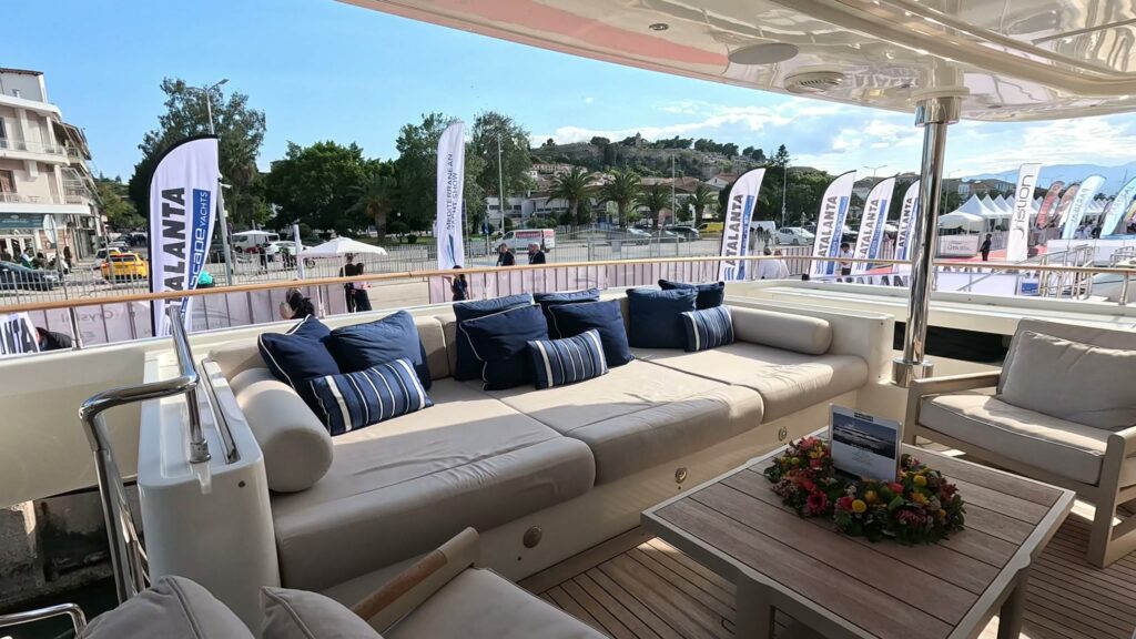 The aft deck lounge of the 141 ft CRN motor yacht PALATIAL