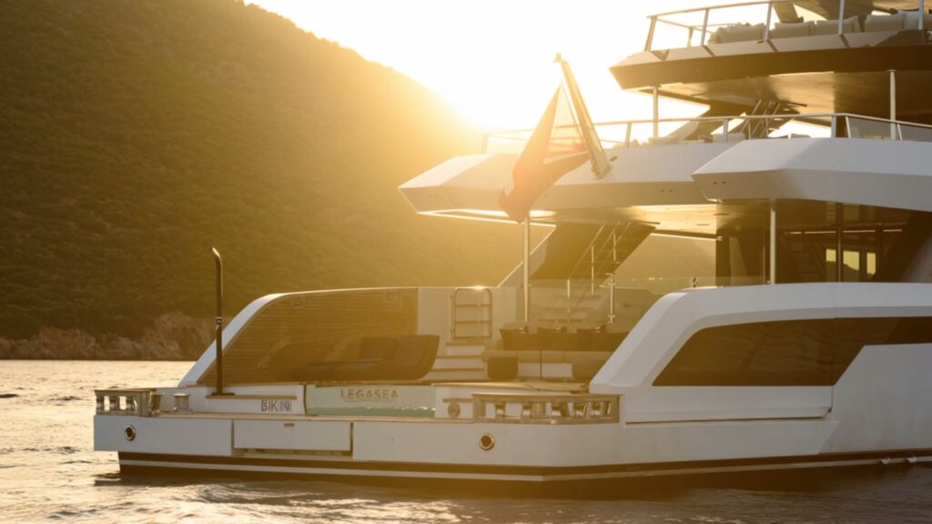 The stern of motor yacht LEGASEA at sunset, her name and flag above the swim platform