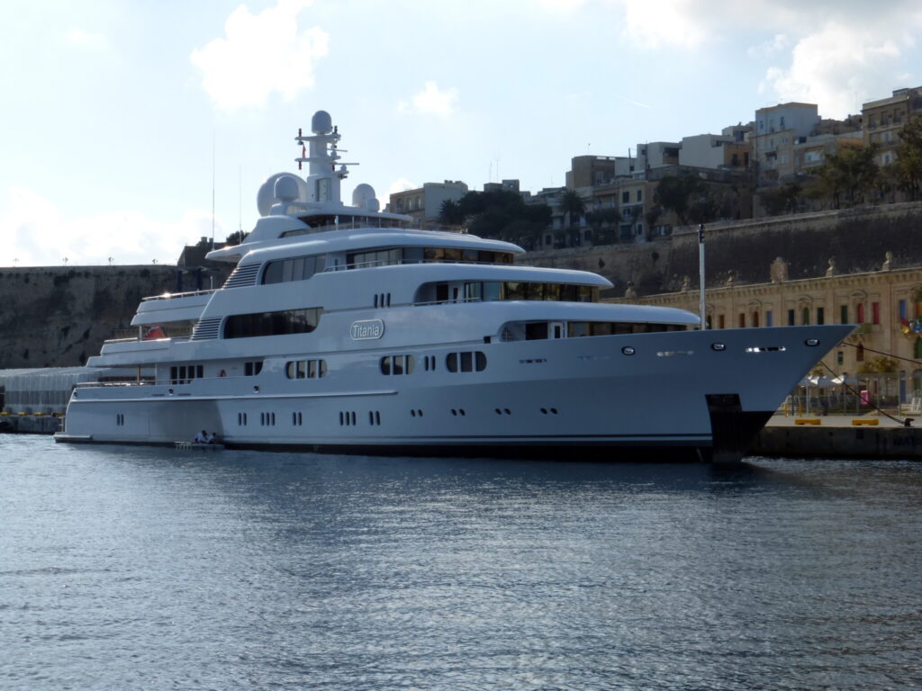 TITANIA, the 73 m Lurssen superyacht, in the Grand Harbour at Valletta, Malta