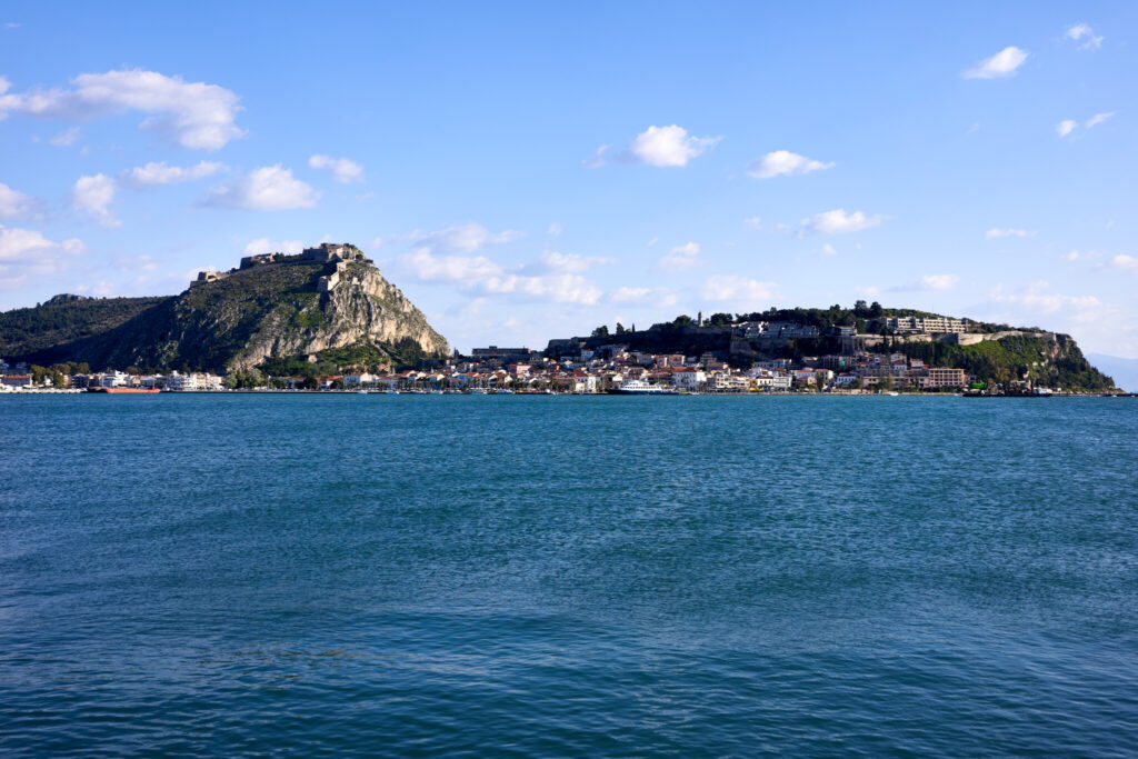 The town of Nafplio with Palamidi Fortress and Akronafplia seen from the Argolic Gulf. Photo: George E. Koronaios, CC0