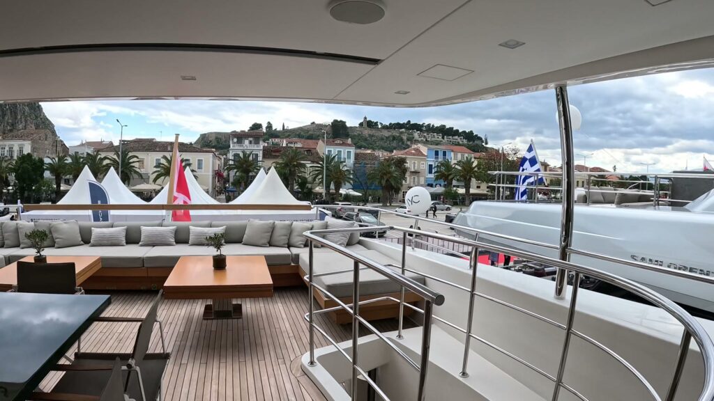Sundeck lounge on the 125 ft Sanlorenzo FATSA, moored at Nafplion