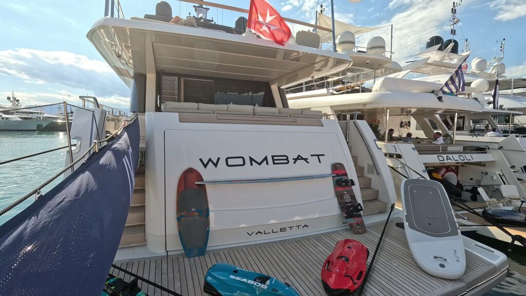 Stern of the Sanlorenzo SL106 WOMBAT with her water toys laid out