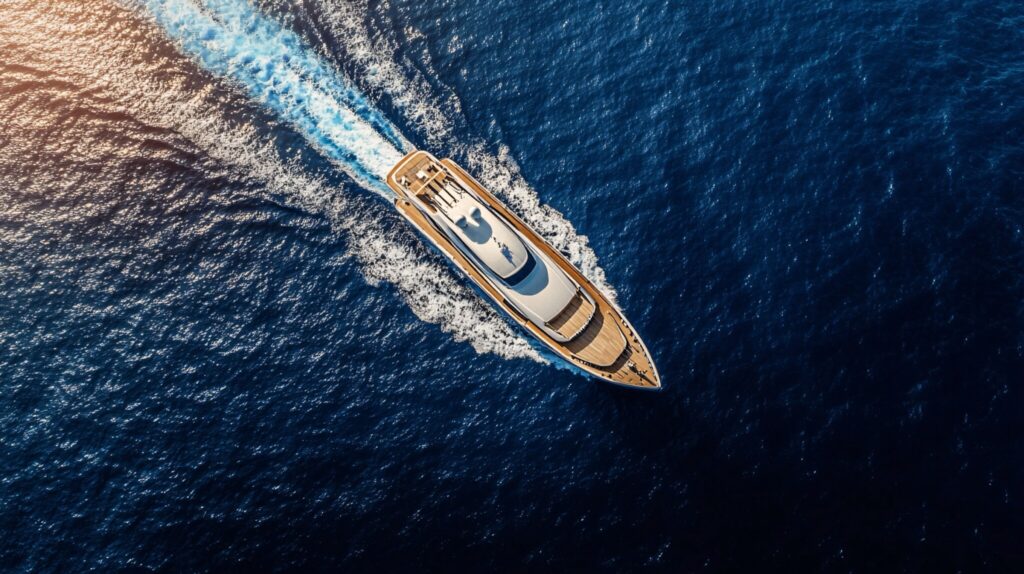Superyacht at speed on the open Aegean, seen from directly above