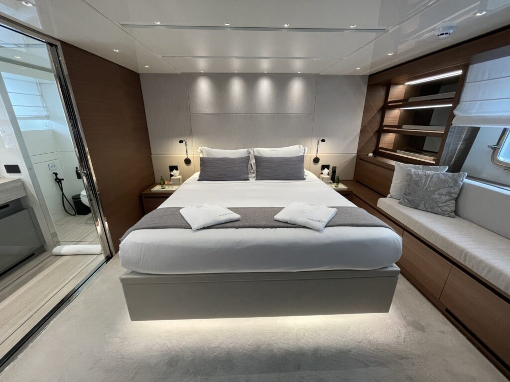 The master cabin on motor yacht AKASTI, May 2026.