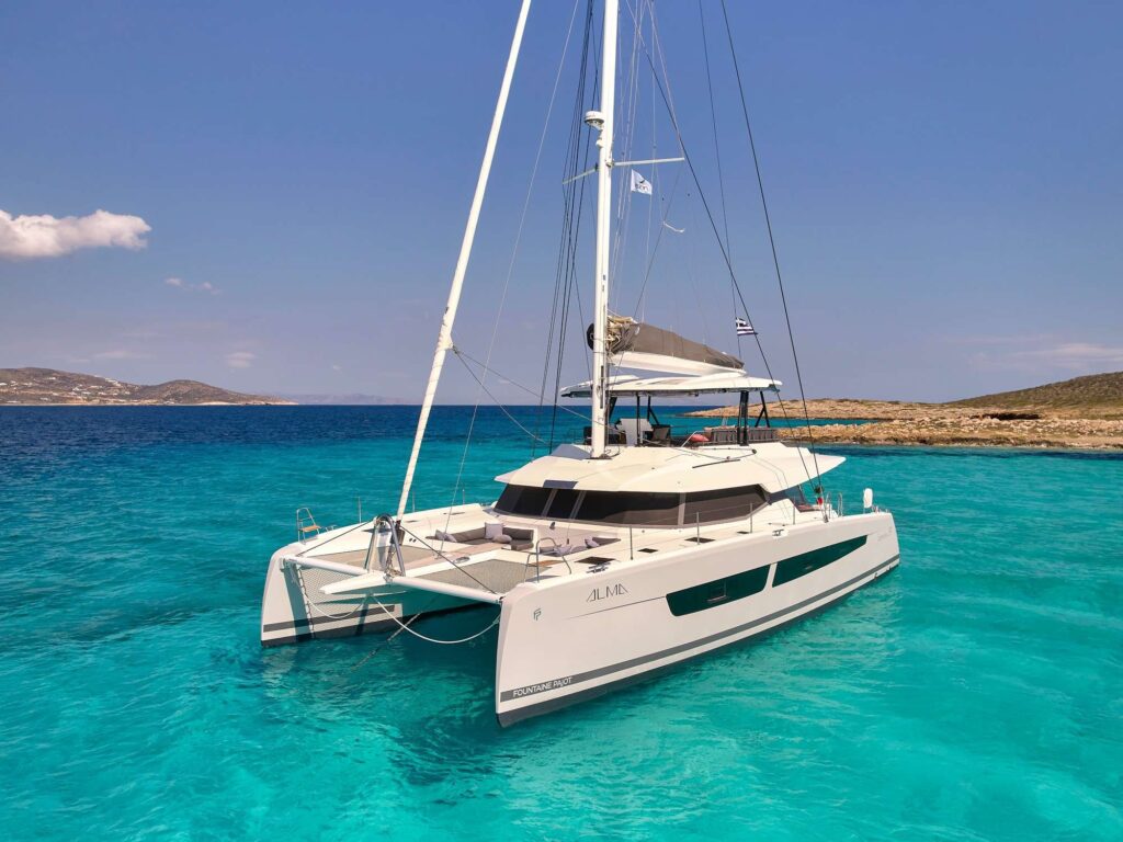 ALMA, a Fountaine Pajot Samana 59 charter catamaran, at anchor in Greece