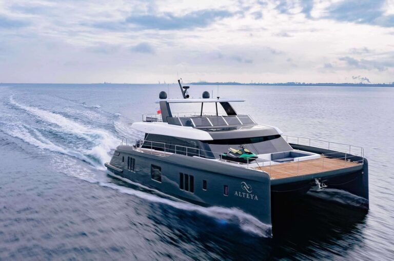 ALTEYA, a 2022 Sunreef 70 power catamaran, under way in Greece
