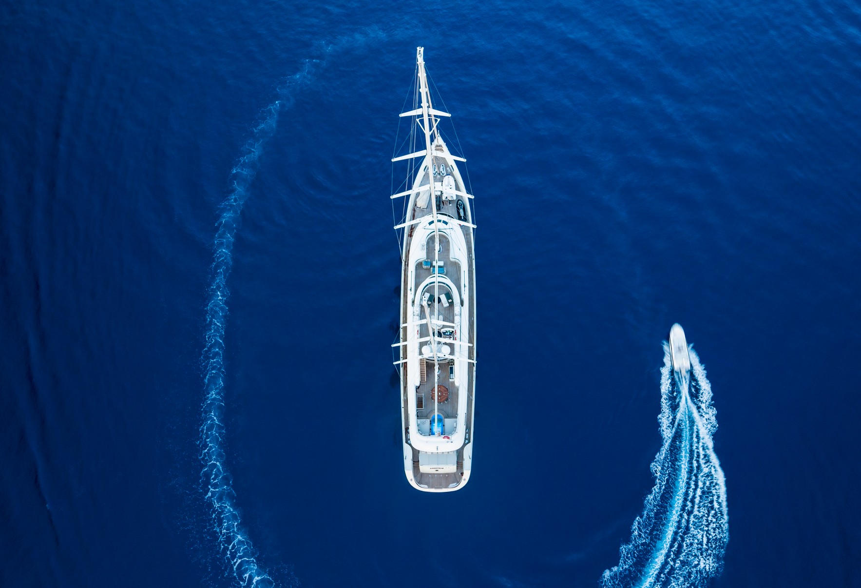 Aerial view of the sailing yacht ARESTEAS with her tender
