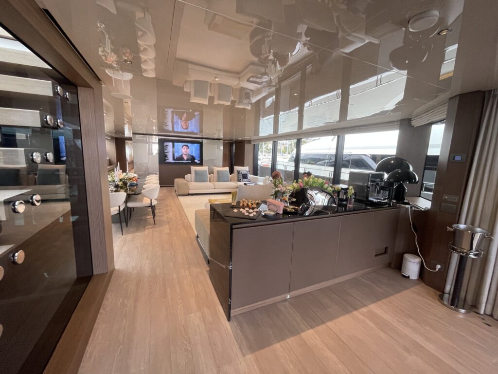 The main saloon and bar of motor yacht ARESYA, a 2025 Sanlorenzo, May 2026.
