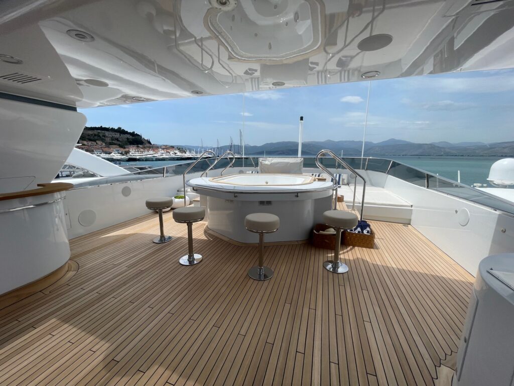 ARTEMISEA's flybridge jacuzzi looking forward over Nafplio bay