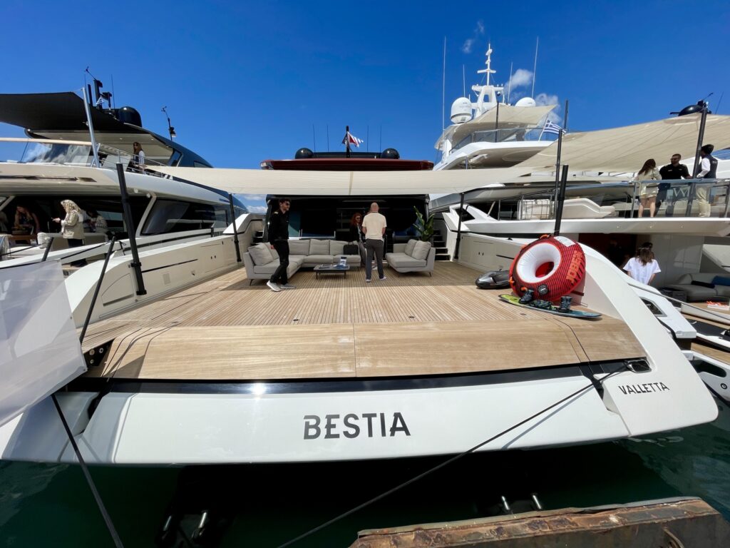 The teak beach deck and stern lounge of motor yacht BESTIA, a 2024 Sanlorenzo SP110, May 2026.