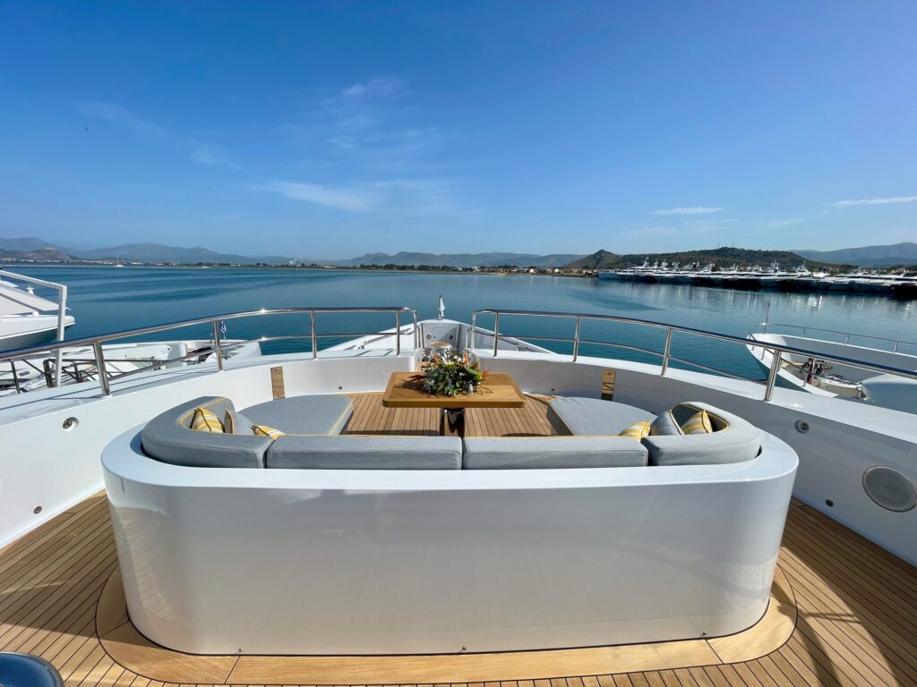 BOJI, the foredeck seating with the yellow cushions