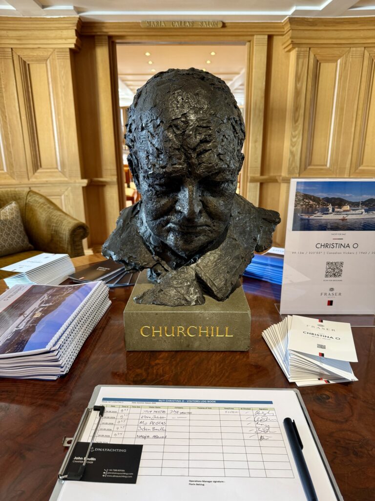 CHRISTINA O, the Churchill bust on the library table