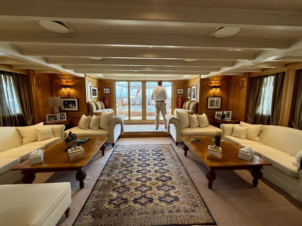 CHRISTINA O, the lounge looking aft to the deck
