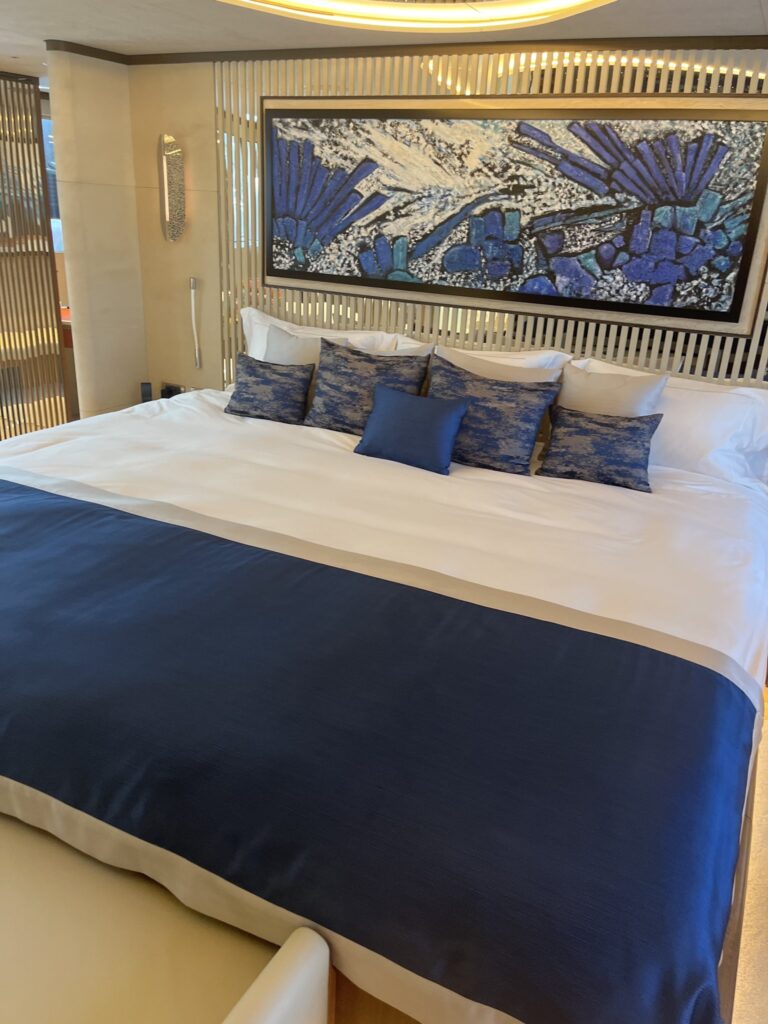 The master cabin with its oversized bed on motor yacht ETERNAL SPARK, April 2025.