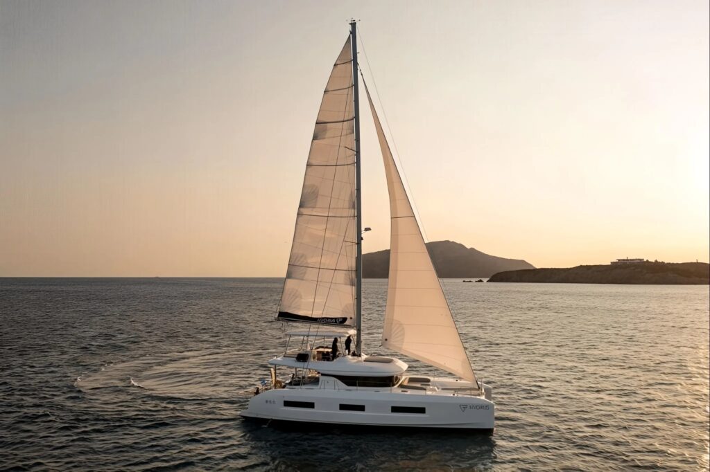 HYDRUS, a 2023 Lagoon 55 charter catamaran, under sail in Greece
