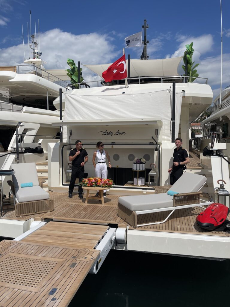 The stern and swim platform of motor yacht LADY LUNA, April 2026.