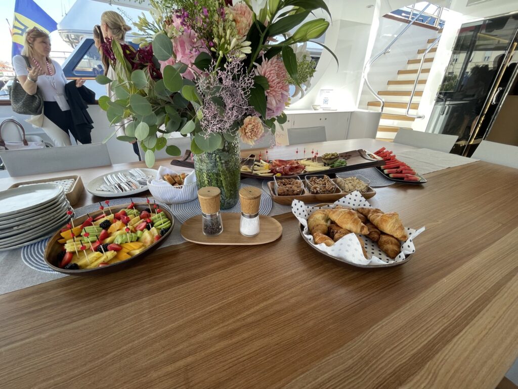 A lunch spread laid out on deck on motor yacht MAIA, September 2025.