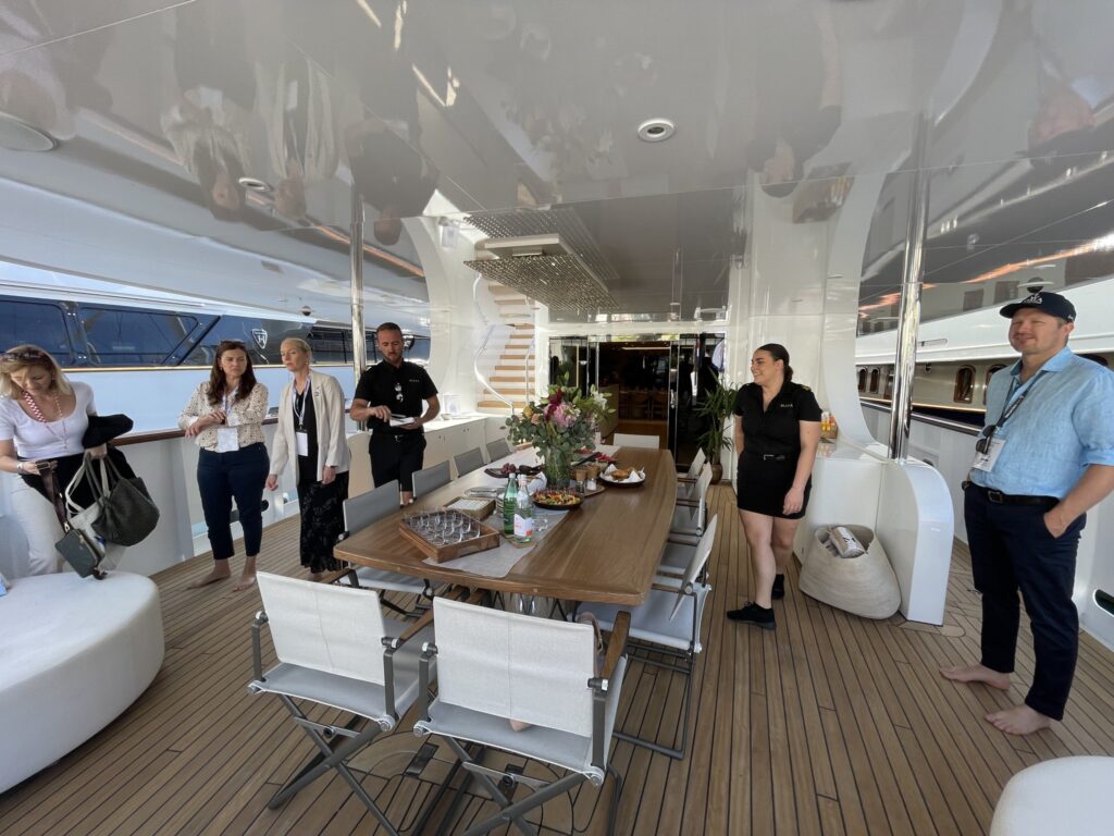 The aft deck dining area on motor yacht MAIA, September 2025.