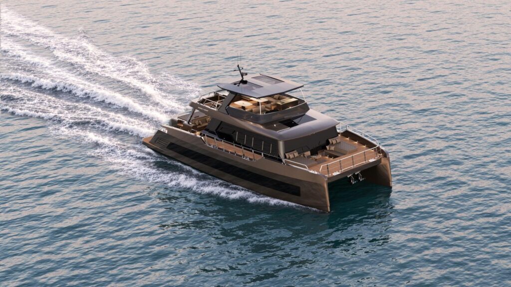MELTEMI, a 70 ft Moon power catamaran for ten guests, under way, delivering to Greece for 2027